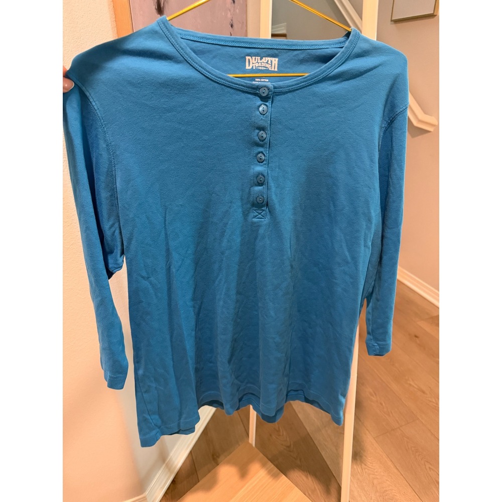 Duluth Trading Co Womens Blue Cotton 3/4 Long Sleeve Henley Top XL EUC